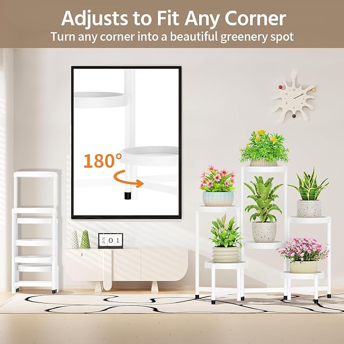 LASZOLA 6 Tiered Folding Plant Stand Indoor for Multiple Large Planter, Tall Heavy Duty Adjustable Rack with Rust Proof Plastic Shelving, Sturdy Vertical Tree Organizer for Narrow Inside Floor, White