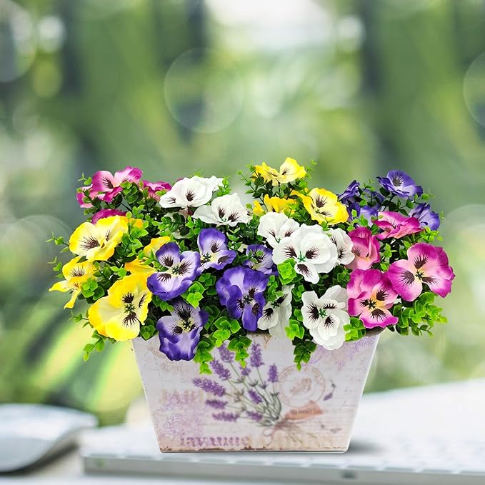 Pansies Artificial Flowers for Outdoors UV Resistant 12 Bundles Silk Pansy Plastic Fake Plants Flowers for Home Outside Garden Window Box Patio Planter Porch Decor (Mixed Color1)
