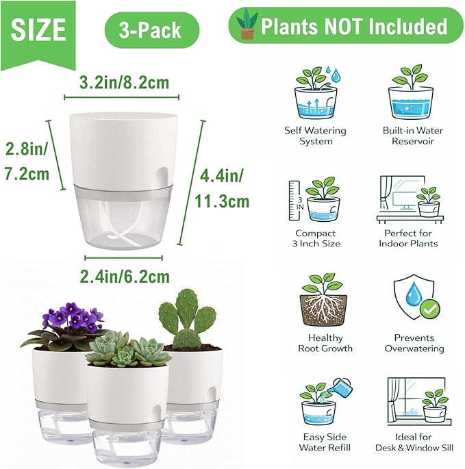 3.2 Inch Self Watering Planters Plastic Planter Pots 3 Pack Wicking Flower Pots Modern Decorative Planter for Small African Violets House Plants,Herbs,Indoor Outdoor Plant (White)