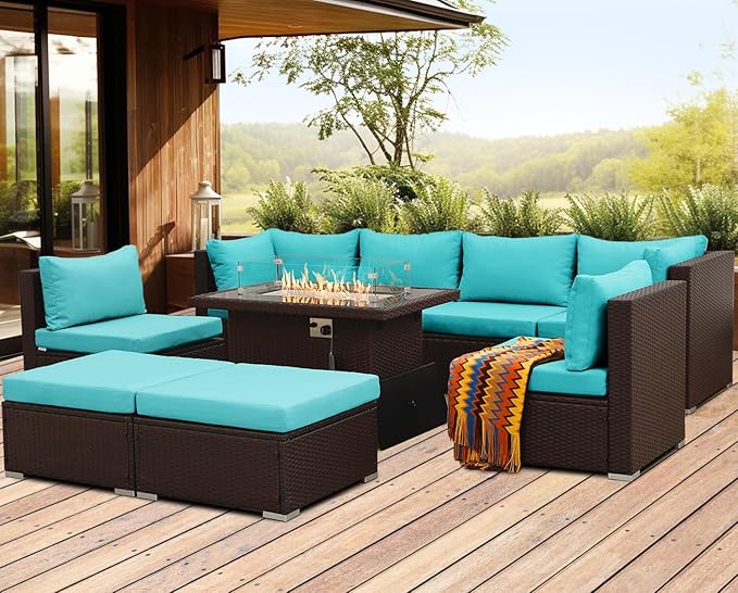 NICESOUL Large Outdoor Patio Furniture Set with Firepit Propane/Natural Gas, High-End Deep Seats Wicker Modular Sectional Sofas for 8, 29.3'' High Back Conversation Sets, Brown Rattan and Teal Cushion
