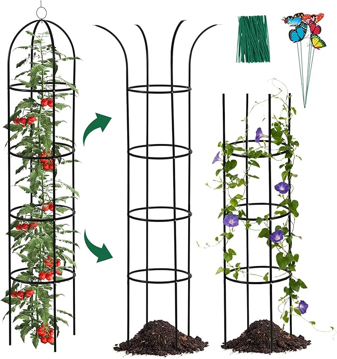 100% Metal Garden Obelisk Trellis for Climbing Plants Outdoor, 6.6ft Tall Metal Plant Support with Garden Twist Tie for Tomato Cucumber Pea Ivy Vines Rose Clematis Potted Plant Trellis 1 Pack