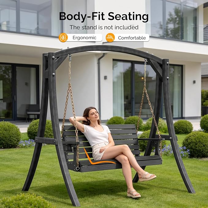 VINGLI Heavy Duty 1600 LBS HDPE Porch Swing Outdoor with Rotatable Cup Holder, 4 FT Patio Bench Swing with Adjustable Chains, 2 Person Hanging Porch Swing Chair for Porch, Yard, Tree, Garden - Grey