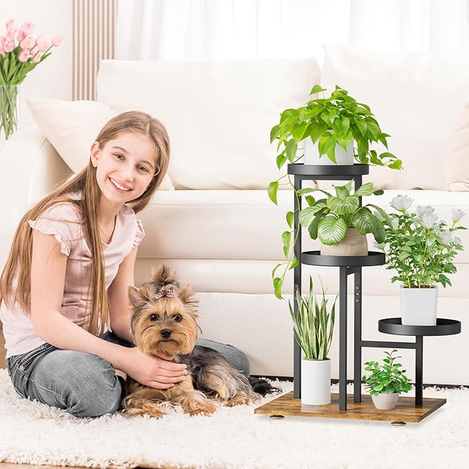 iDavosic.ly 3 Tier Plant Stand Indoor, Tiered Corner Flower Holder Shelf Outdoor, Metal Tall Orchid Display Rack for Patio Porch Garden Balcony Office Living Room, Modern Black & Rustic Brown