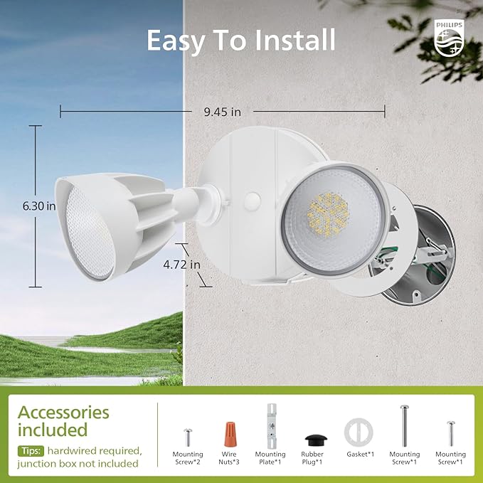Philips Dusk to Dawn 44W 3500LM LED Security Flood Lights Outdoor, 5000K Daylight, Wet Location, Dual Adjustable Heads Aluminum Wall Light for Yard Garage Porch