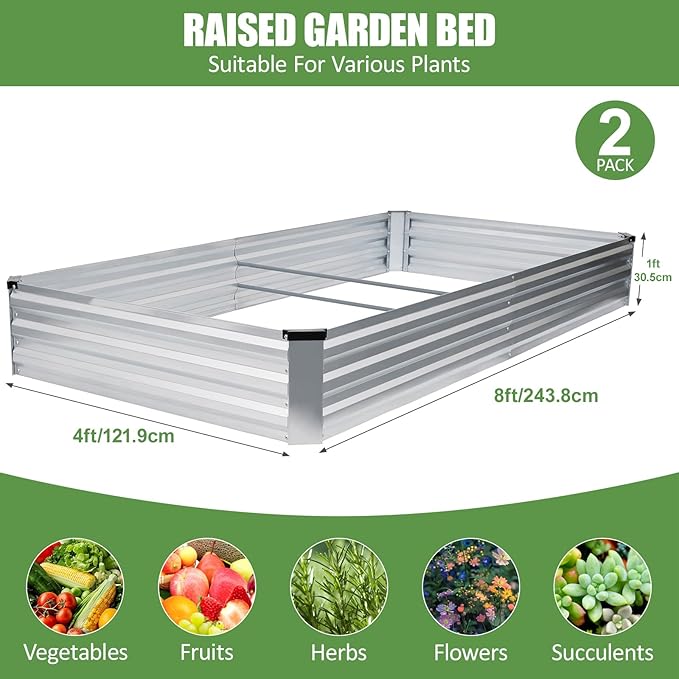 Galvanized Raised Garden Bed Outdoor | Metal Raised Garden Bed for Gardening 2Pack | Large Planter Box for Vegetables Flowers Fruits | Easy Assembly & Safety Design Flower Beds 8x4x1ft Silver