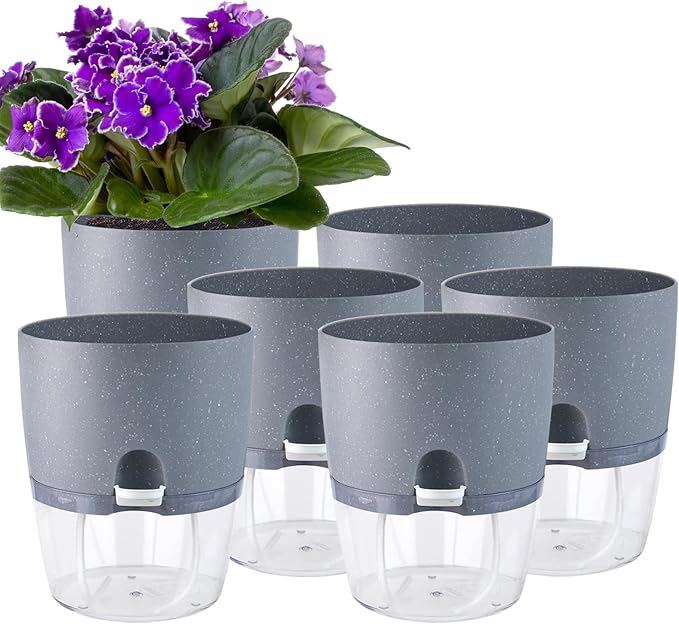 6 Inch Self Watering Pots for Indoor Plants, 6 Pack Grey Plastic Flower Pots with Drainage Holes for African Voilet Herbs All House Plants (Include 1 Spray Bottle)
