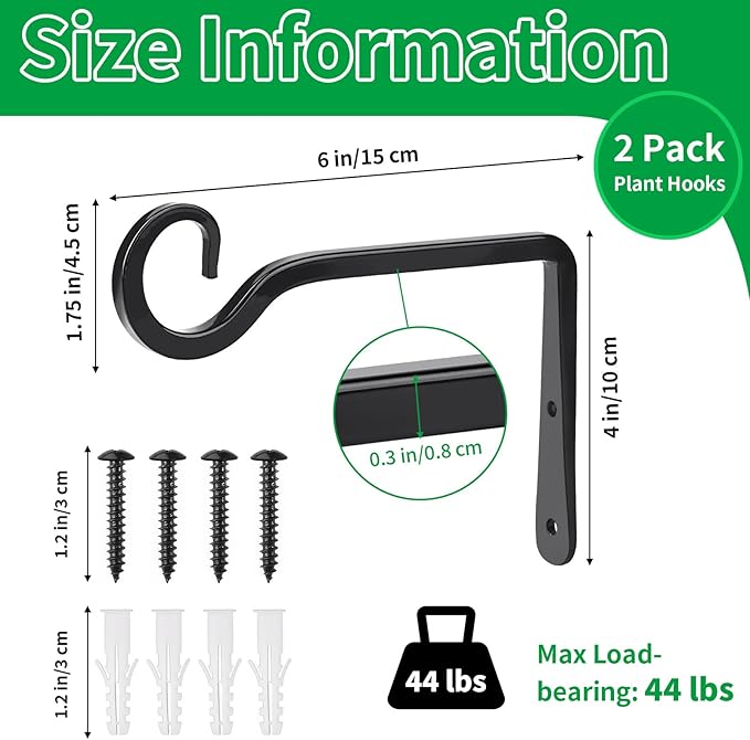 Plant Hangers Outdoor, 2 Pack 6 Inch Hanging Plant Bracket, Metal Hanging Plant Hooks, Wall Hooks for Hanging Plants, Bird Feeder, Flower Basket, Wind Chimes, Indoor Outdoor (Black)