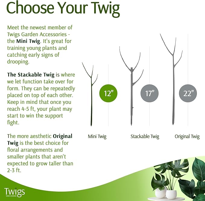 Mini Twigs Plant Support Stakes for Small Plants, Indoor & Outdoor Use, Gardening Supplies, Garden Accessories, Trellis & Ring Alternative - Monstera (Dark Green), 10 Pack, 12" L