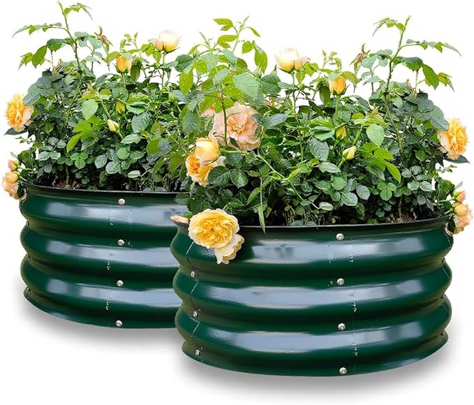 GARDMAX 2 Pack 2x2x1FT Galvanized Round Raised Garden Bed Kit, Metal Planter Boxes Outdoor with Easy Assembly, Large Garden Bed for Vegetables, Fruits, Flower, Herbs Dark Green