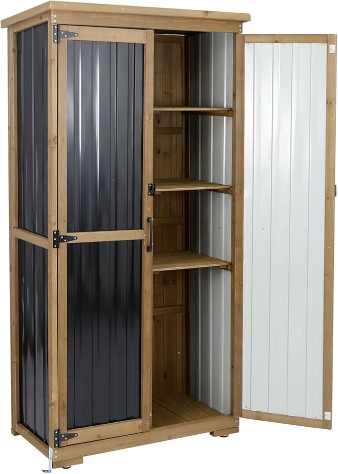 Outdoor Storage Cabinet with Shelf, Wood & Metal Storage Shed with Waterproof Roof & Lockable Doors,Tall Outdoor Cabinets for Patio Backyard, Gardening Tools and Accessories, Brown