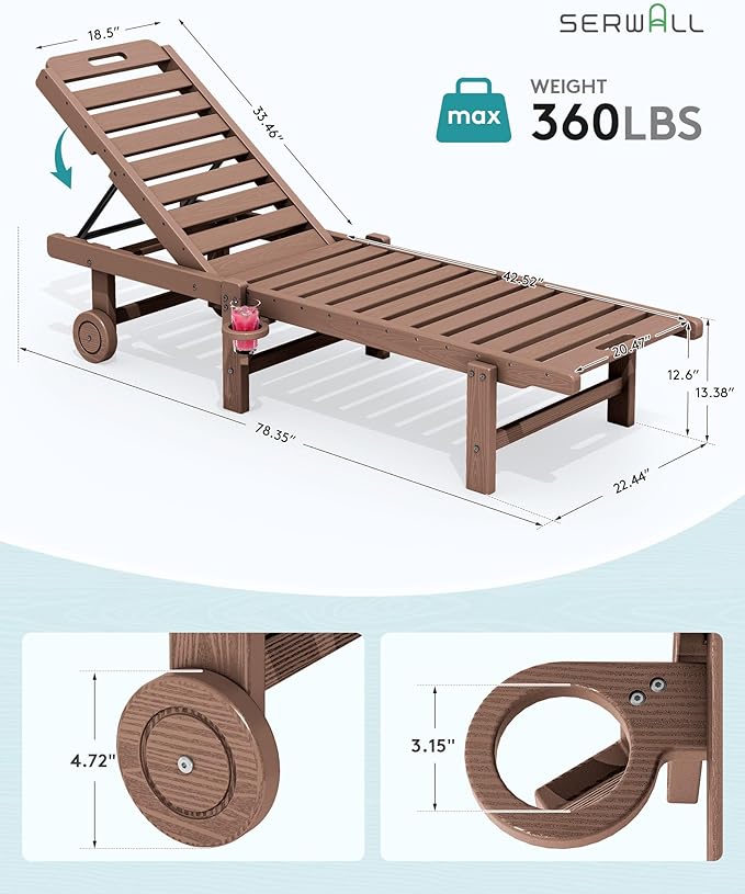 SERWALL Patio Chaise Lounge Set of 4, HDPE Outdoor Lounge Chair with Cup Holder, 5 Positions Adjustable Poly Lounger with Rolling Wheels for Poolside, Deck, Sunbathing, Brown