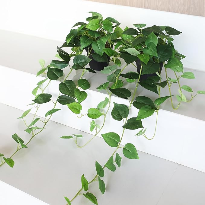 alyptus Fake Pothos Hanging Plants – 33" Set of 2 Faux Ivy Vines with Pots Realistic Silk Devil’s Ivy for Indoor Décor Low Maintenance Artificial House Plants for Home Bathroom or Office - Green