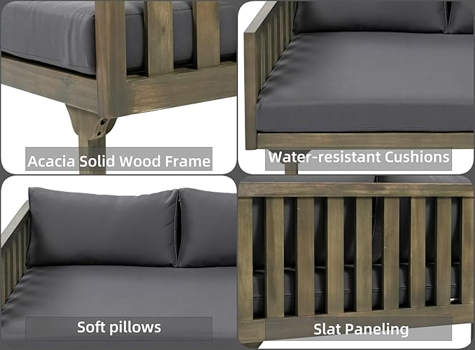Merax Outdoor 3 Seater Daybed, Acacia Wood Day Bed Couch Sofa with Cushions for Patio Backyard, Garden, Dark Grey