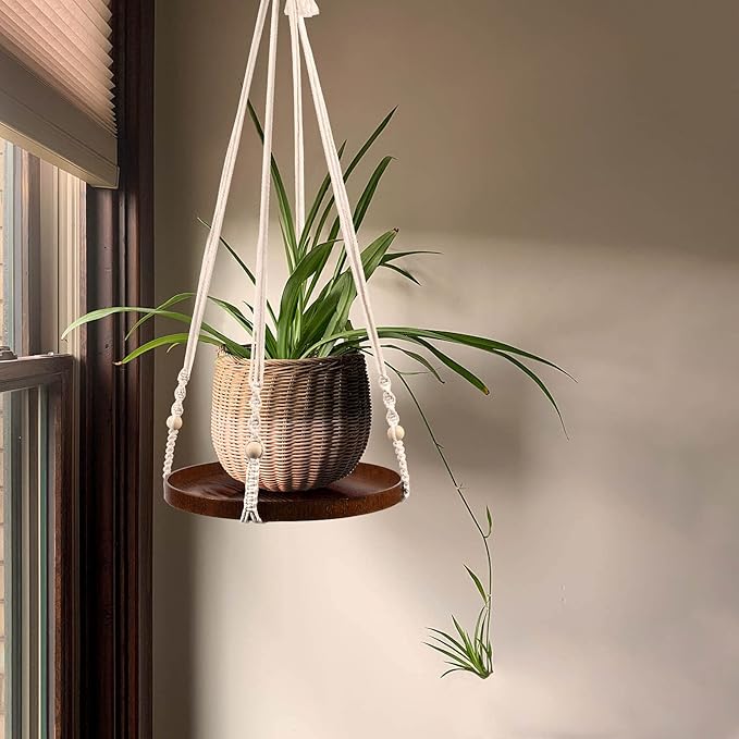 E-Know Macrame Plant Hanger - 2 Set Indoor Hanging Planter Shelf - Hanging Planter Rack Decorative Flower Pot Holder - Handmade Cotton Plant Hangers with Wood Tray Boho Home Decor