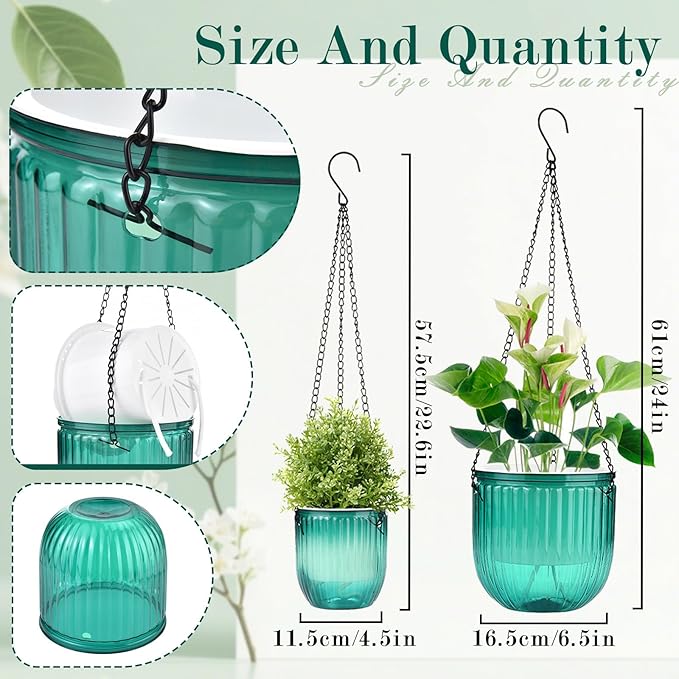 4 Pack Self Watering Hanging Planters with Drainage Holes –Hanging planters for Indoor Plants, Flowers, Succulents – Lightweight, Durable Hanging Baskets Green
