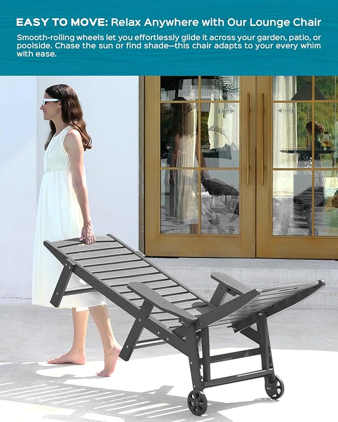 Ciokea Outdoor Lounge Chair Set of 4, All Weather Patio Chaise Lounge Chair for Outside, HDPE Chair with Rolling Wheels & Cup Holder, 5 Position, Deck, Pool, Dark Grey