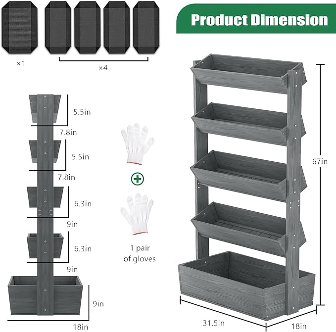 SUNYRISY 5 Tiers Vertical Raised Garden Bed Outdoor Planter Tower, Wooden Freestanding Planter Box for Planting Herbs Flowers Vegetables Patio Balcony Indoor Outdoor Gardening, Grey
