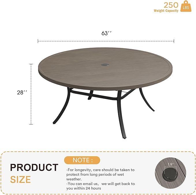 VICLLAX 63" Outdoor Round Patio Table with Umbrella Hole, All Weather Metal Round Outdoor Dining Table for Lawn Garden, 8-10 Person Table, Grey Wood Grain