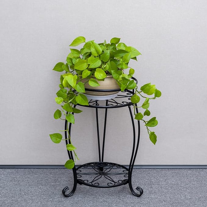 FaithLand 2 Pack Plant Stands, Heavy Duty Metal Planter Holder Indoor Outdoor, 2 Tier Round Potted Supports Rack, Corner Display Shelf Black