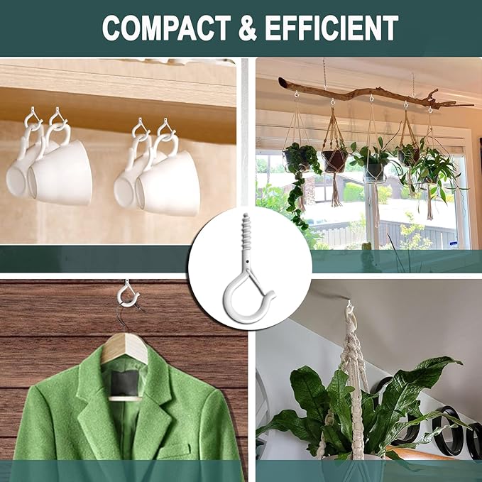 20 Pack Q Hanger Hooks with Safety Buckle, Rustproof Screw Hooks for Hanging String Lights, Bird Feeder, Plants, Wind Chimes & Holiday Decorations, Holds Up to 40 lbs（2.2" White Vinyl Coated ）