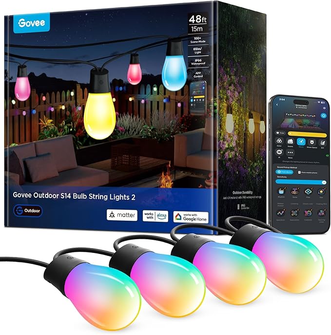 Govee S14 Bulb Outdoor String Lights 2, 48ft Smart RGBIC Warm White Patio Lights with 15 LED Bulbs, 111 Scene Modes for Outdoor Decor, Upgraded IP66 Compatible with Alexa, Google, Matter, APP Control