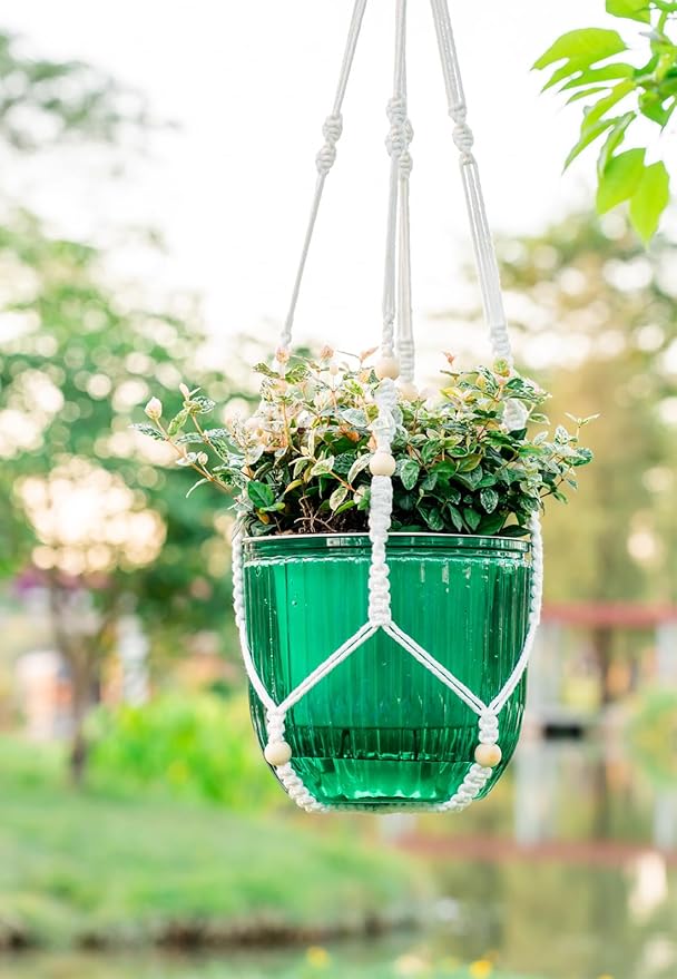 Melphoe Self Watering Hanging Planters for Indoor Plants, 1 Pack 8.3 Inch Outdoor Hanging Plant Pot Basket, 2 Kinds of Hangers Macrame 35.5’’ & Metal Chain 19.6’’ for Garden Home Decor