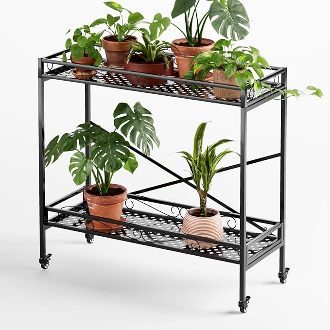 Zhongma 2 Tier Sturdy Metal Plant Stand with Wheels, 40.5x16x39.4 Inch High, Heavy Duty Succulent Shelf for Home Indoor and Outdoor, 440 LBS Capacity & Heavy Duty Construction