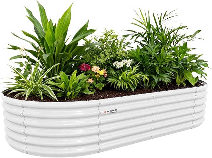 A ANLEOLIFE 8X4X1.5 ft Galvanized Raised Garden Beds Outdoor, Oval Large Metal Planter Box for Planting Vegetables Flowers Herb, Anti-Rust & Easy-Setup, Antique White