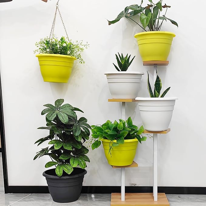 10 Inch Plant Pots Set of 5,Lightweight Plastic Planters with Drainage Holes & Plugs,Durable Plant Containers for Indoor Outdoor Houseplants,Flowers,Patio & Garden(Yellow)