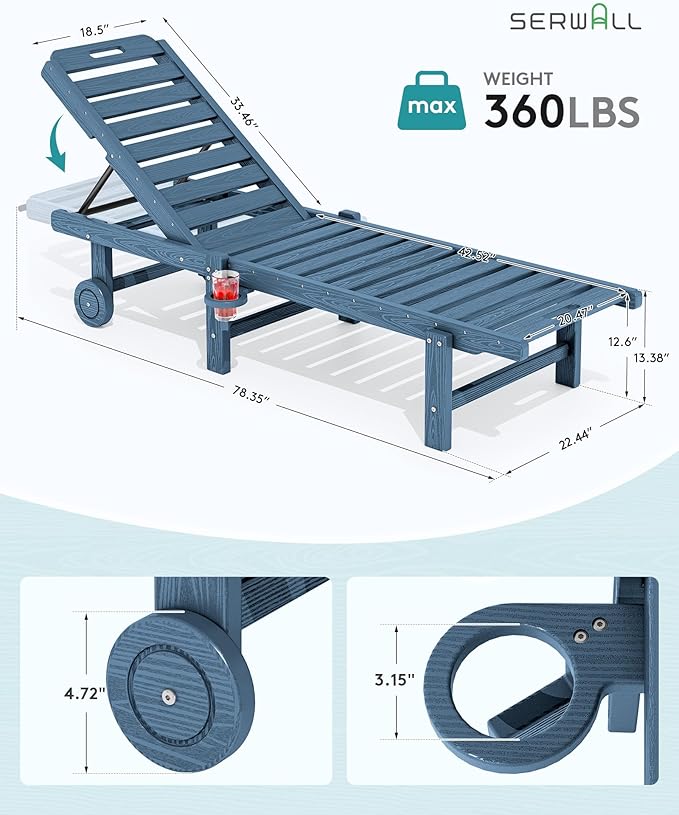 SERWALL Outdoor Chaise Lounge Set of 6, HDPE Pool Lounge Chair with 5-Position Adjustable Backrest, Patio Lounger with Rolling Wheels & Cup Holder for Pool, Navy