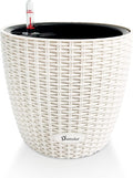 Dexceder 11x10 Inches Rattan Self Watering Planter Indoor Outdoor, Inner Pot Design, Thickened Table Flower Plant Pot with Water Level Indicator (Ivory White)