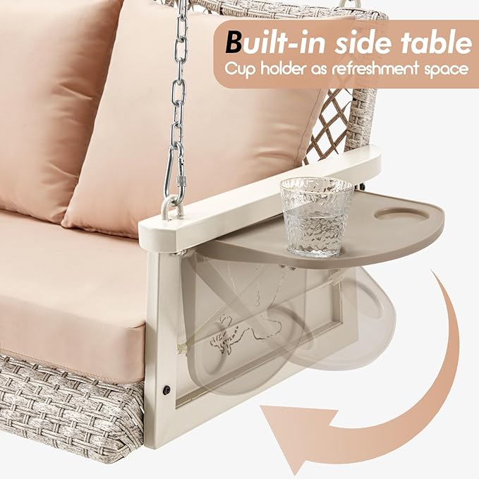 Upgraded Wicker Hanging Porch Swing Heavy Duty 900 LBS 3-Seat Outdoor Patio Swing Chair Bench for Adult w/ 8.9ft Hanging Chains Cushions and Cup Holder