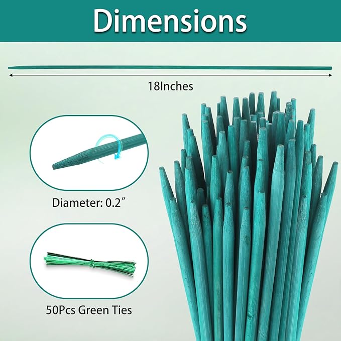 Bamboo Plant Stakes 50PCS, 18Inch Natural Bamboo Garden Stakes, Supports Indoor & Outdoor Plants, Straight Style, Green