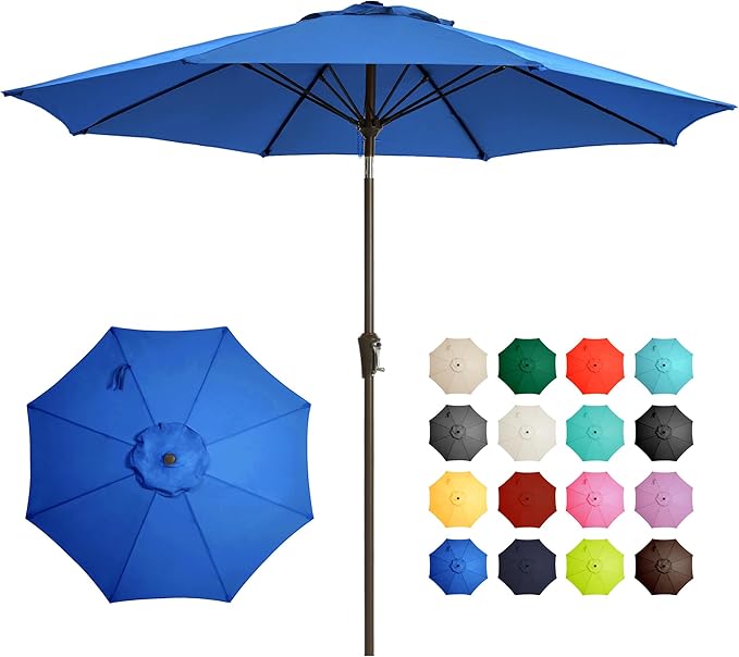 Ayge 9FT Large Outdoor Patio Umbrella Market Table Umbrella-UV Resistant, Easy Push Button Tilt and Crank, 8 Sturdy Fiberglass Ribs Heavy-Duty Pool Umbrella for Deck, Backyard,Garden,Blue