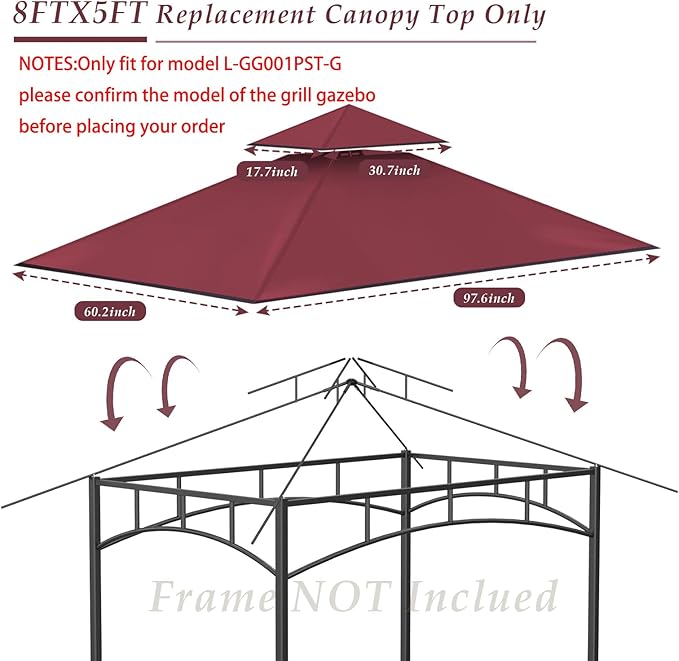 Grill Gazebo Replacement Top, 5 * 8 Outdoor BBQ Top Cover, Double Layer BBQ Gazebo Top Canopy for Model #L-GG001PST-F (Burgundy)