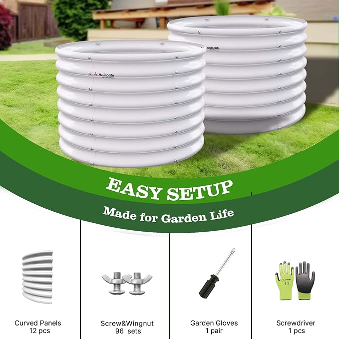 A ANLEOLIFE 2-Pack 3ft x 24” Tall Galvanized Raised Garden Beds Outdoor, Round Metal Planter Box for Planting Vegetables Flowers Herb, Anti-Rust & Easy-Setup, Antique White