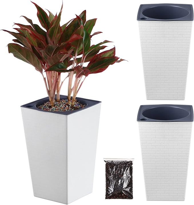 2 Pack Self Watering Planters 10.7" x 6.9" Planter for Indoor Plants White Self Watering Violet Pots Plastic Flower Pots Square Planter with 3D Wallpaper Pattern