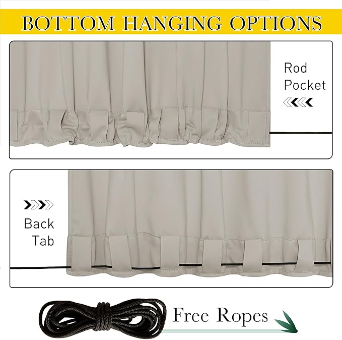 NICETOWN 2 Panels Outdoor Curtains Waterproof Pocket & Back Tab on Top & Bottom, Thermal Insulated Windproof Sun Blocking Outside Privacy Drapes for Patio with Fixed Rope, W84 x L84, Natural