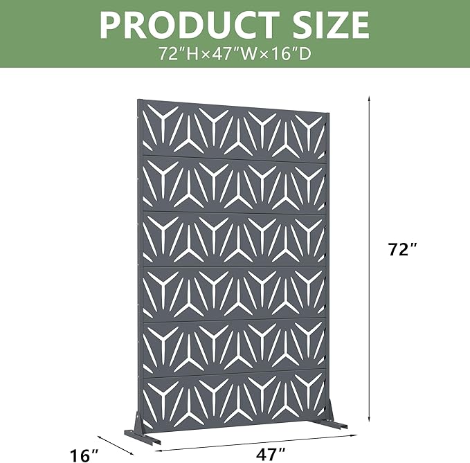 Casaphoria Metal Privacy Screen Outdoor, 72" H x 47" W Freestanding Decorative Privacy Screen for Patio Deck Balcony Garden with Stable Base, Grey-Star