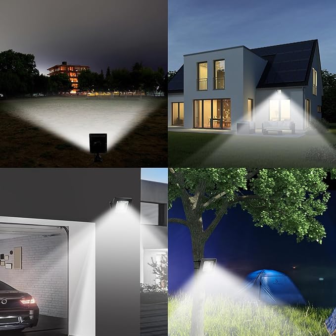 Solar Lights Outdoor Waterproof with 16FT Cord Dusk to Dawn 4400mAh LED Flood Light 6000K Security Lighting for Outside, Flag Pole, Porch, Shed (White 2 Pack)