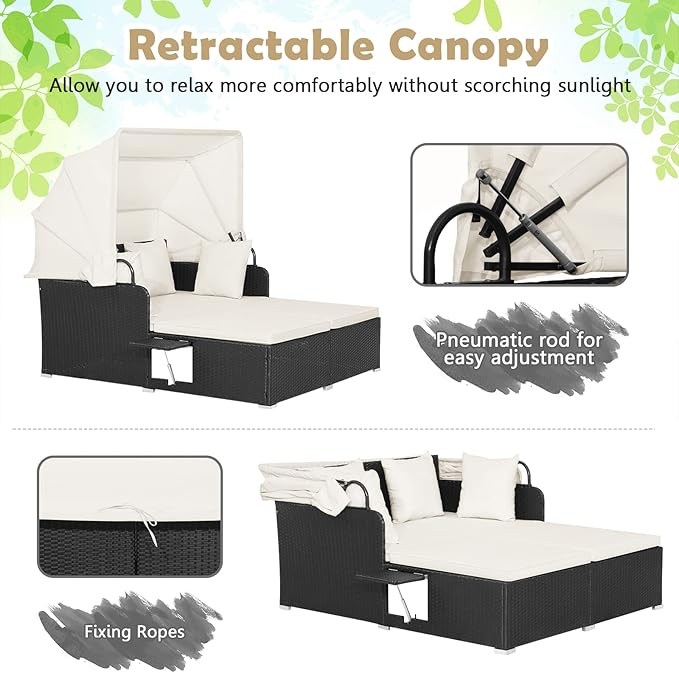Tangkula Patio Rattan Daybed with Retractable Canopy, Outdoor Wicker Sunbed Lounger with 2 Foldable Side Tables, Thick Seat & Back Cushions, Double Daybed for Garden, Backyard, Porch (Off White)