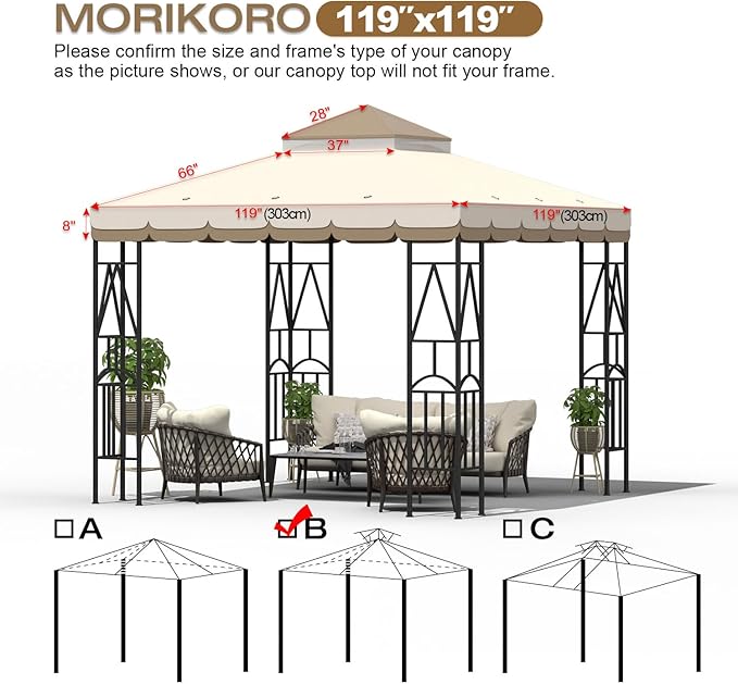 10x10 Canopy Replacement Top Double Tiered Gazebo Cover for Yard, Patio & Garden Durable Sunshade Replacement (BeigeBrown with lace)