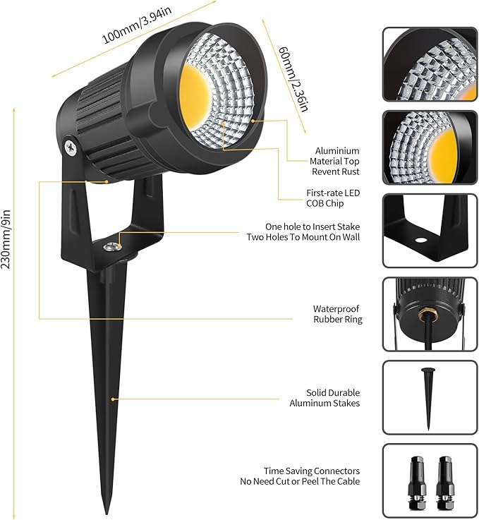 12W LED Landscape Lights Low Voltage, 3000K Warm White 12V AC/DC Waterproof Outdoor Spotlights, IP65 Garden Pathway Lights with 8 Spike Stands for Tree Garden Yard Pathway (8 Pack)