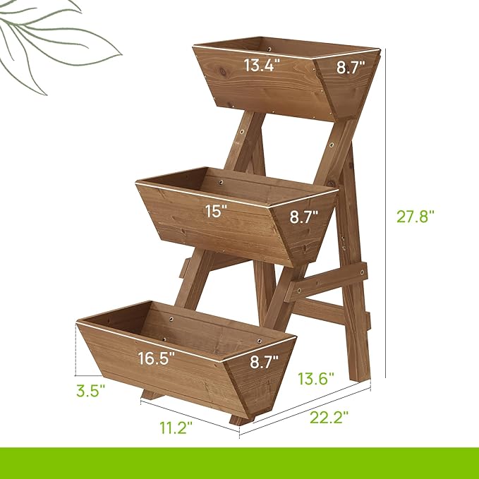 3-Tiers Wooden Raised Garden Bed Planter Box Flower Pots Vertical Garden Planter Wood Plant Stand for Vegetables Flowers Herbs for Patio, Balcony, Freestanding (Brown S)