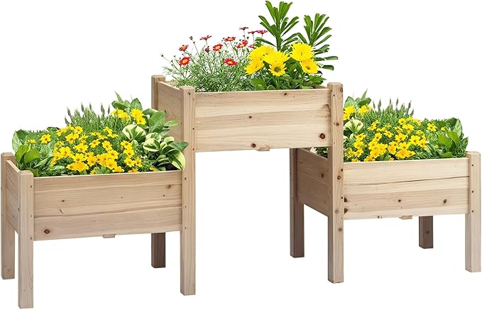 Outsunny Raised Garden Bed with 3 Planter Box, Elevated Wooden Plant Stand with Drainage Holes, for Vegetables, Herb and Flowers, Natural