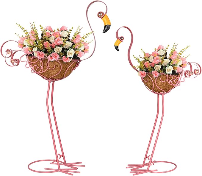 Set of 2 Pink Flamingo Outdoor Planters with Basket, Metal Flamingo Planter for Indoor Outdoor Garden Yard Decor