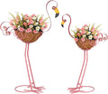 Set of 2 Pink Flamingo Outdoor Planters with Basket, Metal Flamingo Planter for Indoor Outdoor Garden Yard Decor