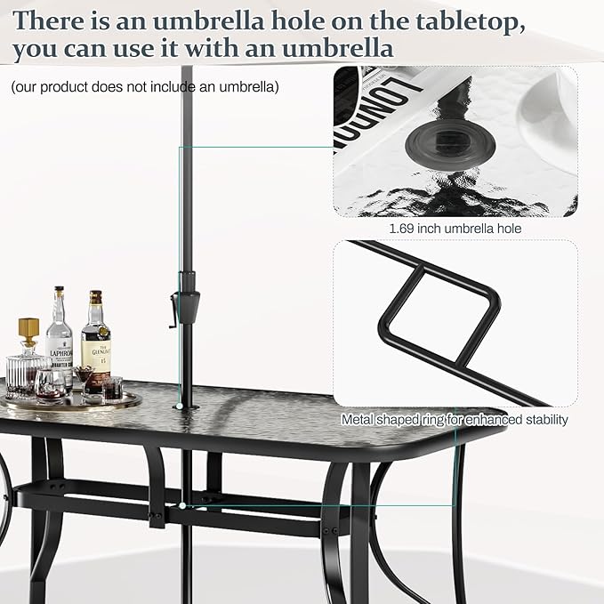 TLSUNNY 7 Pieces Patio Dining Set, Outdoor Table and Chairs W/1.69″ Umbrella Hole, 30"X 55" Table and Stackable Textilene Chair, All Weather Patio Furniture Set (Umbrella not Included) (Black)