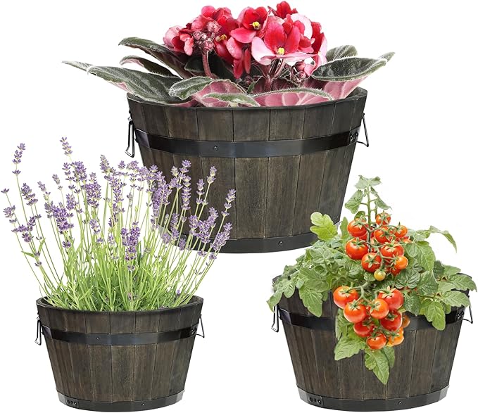 Idzo Set of 3 Wooden Flower Planters for Outdoor Plants, Acacia Wood Barrel Planters, Ergonomic Handles, Drainage Holes, Various Sizes, Black