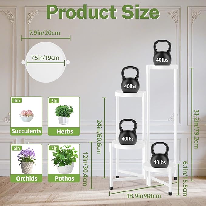 iDavosic.ly Plant Stand Indoor Outdoor, 4 Tier Corner Metal Flower Display Holder Shelf, Easy Assembly Folding Tall Orchid Rack for Patio Balcony Porch Garden Living Room House, White